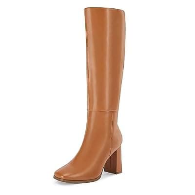 [Coutgo] Coutgo Womens Wide Calf Knee High Boots Chunky High Heel Square Toe Fashion Leather Shoes with Side Zipper