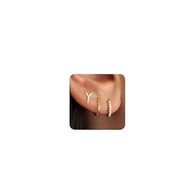 [Ritach] Ritach Gold Earrings for Women Girls - 3 Pairs Gold/Silver/Rose Gold Hoop Earrings for Women Girls CZ Initial Stud Earrings for Girls Hypoallergenic Earrings Set for Multiple Piercing