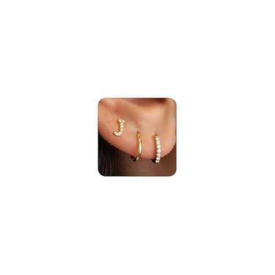 [Ritach] Ritach Gold Earrings for Women Girls - 3 Pairs Gold/Silver/Rose Gold Hoop Earrings for Women Girls CZ Initial Stud Earrings for Girls Hypoallergenic Earrings Set for Multiple Piercing