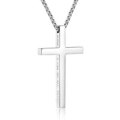 [Cyqzi] Cyqzi Cross Necklace for Men, Silver Black Gold 316L Stainless Steel Pendant Chain Necklace with Box 20+2 Inches | Easter Basket Stuffers Christian Religious Jewelry Gifts