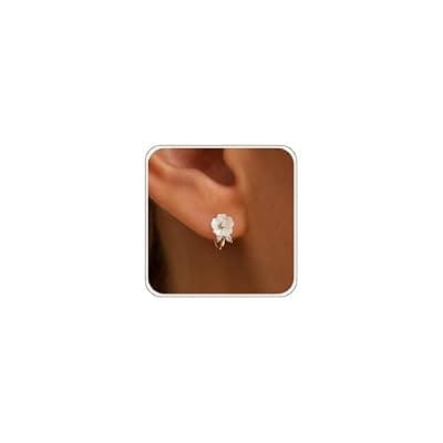[Honsny] Honsny Gold/Silver Flower Pearl Huggie Hoop Earrings for Women Trendy Hypoallergenic 14K Gold Plated Non Tarnish Hoops Dainty Cute CZ Bridal Bridesmaid Earrings Waterproof Jewelry Birthday Gifts