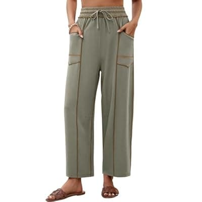 [grewley] grewley Womens Linen Barrel Pants Baggy Wide Leg Pants Summer Palazzo Drawstring Waist Pants with Pockets Casual