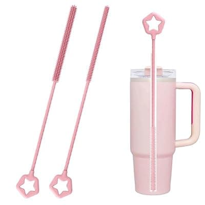[YXBWM] YXBWM Silicone Straw Cleaner Brush, 2Pcs Reusable Straw Cleaning Brush Set – Soft & Bendable with Non-Slip Handle, 6mm + 9mm for Straws, Tubes & Narrow Openings (Pink)