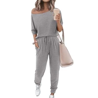 [Zenlonr] Zenlonr Women Summer 2 Piece Outfits 2026 Off Shoulder Short Sleeve Tops Elastic Waist Drawstring Long Pants Tracksuit