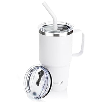 [Sursip] Sursip Insulated Coffee Mug with Handle and Lid, 24 oz Double Wall Vacuum Travel Thermal Coffee Tumbler with Straw for Home, Office Stainless Steel Coffee Cup - Leak proof, BPA Free (White-1 Pack)
