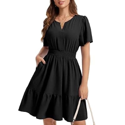 [MFAVIP] MFAVIP Womens 2026 Summer Casual Dress Ruffle Sleeve Elastic Waist A Line Boho Beach Vacation Sundress with Pockets