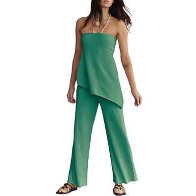 [DURUNUL] DURUNUL Summer Knit Sweater Sets for Women Off The Shoulder Tube Top and Pants Sets Lounge Sets Vacation 2 Piece Outfits