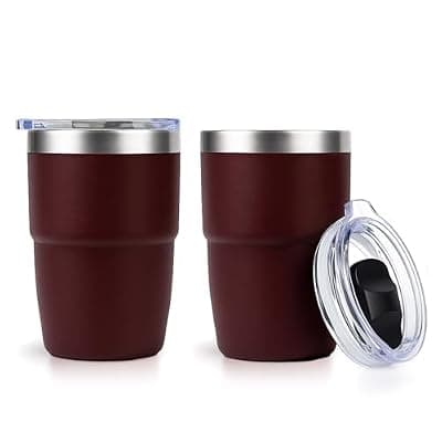 [Zenbo] Zenbo 8 oz Stackable Espresso/Coffee Cups with Magnetic Lid, Ceramic-Lined 18/8 Stainless Steel Mini Tumblers, Double-Wall Vacuum Insulated & Dishwasher Safe for Travel (Vine Crimson Red-2 Pack)