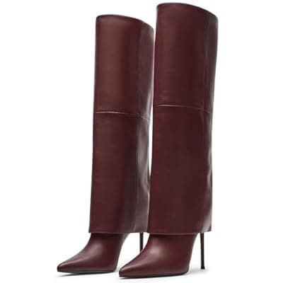 [KaroNairy] KaroNairy Women’s Knee High Boots, Fold Over Tall High Heel Boots Stiletto Pointed Toe Fashion Dress Boots for Fall Winter