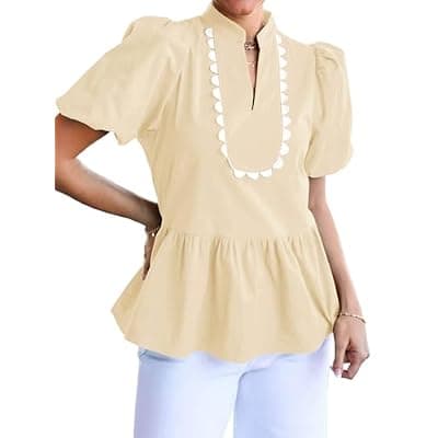 [Cicy Bell] Cicy Bell Womens Puff Sleeve Peplum Blouses Ruffle V Neck Summer Casual Tops Babydoll Loose Fit Shirts