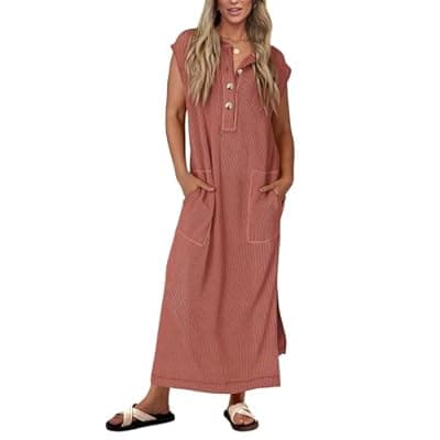 [KIRUNDO] KIRUNDO Womens Summer Dresses 2026 Spring Ribbed Knit Henley Short Sleeve Maxi Dress Button Up Loose Beach Vacation Sundress
