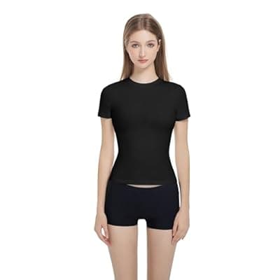 [Gemonklee] Women’s Slim Fitted Crew Neck T-Shirt Stretchy Cotton Y2K Short Sleeve Tees for Workout Basic Tees Going Out Tops