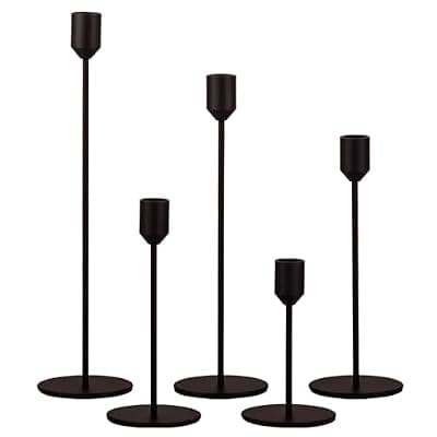 [MENONEE] Set of 5 Taper Candlestick Holders, Matte Black Metal Candle Stick Candle Holder, Mid-Century Skinny Candle Holders for Table Centerpiece, Mantel, Dining, Gift Decor