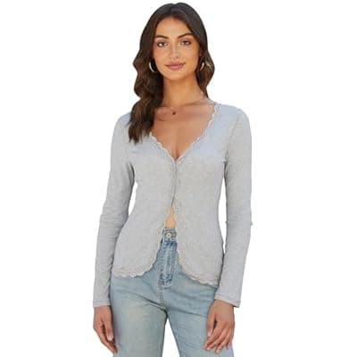 [Homepeaz] Homepeaz Cardigan for Women Cropped Lightweight V Neck Ribbed Knit Going Out Tops Button Down Shirts Lace Long Sleeve Tops