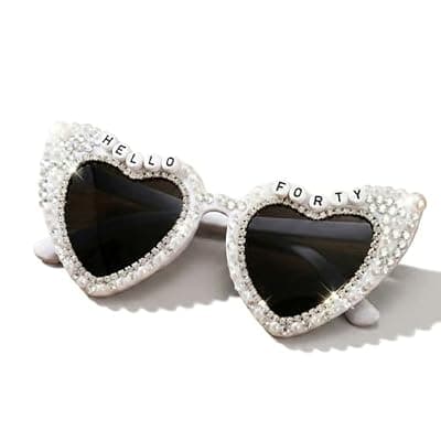 [Autotide] Autotide Hello Forty Birthday Glasses for Women, White Heart Sunglasses with Rhinestone Diamond, 40th Birthday Accessories Photo Props, 40th Birthday Gifts for Women Party Decorations