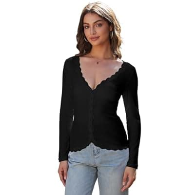 [Homepeaz] Homepeaz Cardigan for Women Cropped Lightweight V Neck Ribbed Going Out Tops Button Down Shirts Lace Trim Long Sleeve Tops