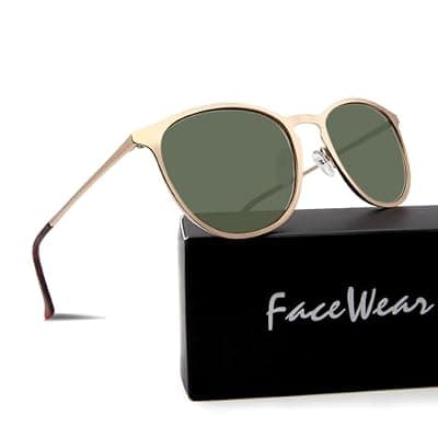 [FaceWear] FaceWear Classic Round Retro Sunglasses UV400 Circle Lens Metal Frame Men Women FW1006 D1 Gold Frame/Green Lens