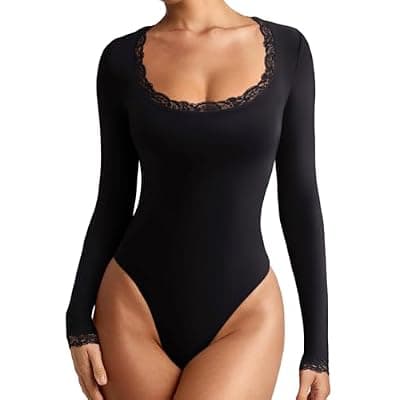 [REORIA] REORIA Women's Sexy Lace Scoop Neck Long Sleeve Double Lined Layering Slim Bodysuit Tops