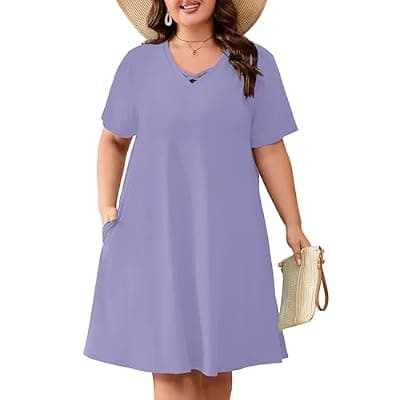 [AusLook] AusLook Plus Size Midi Dress for Women Short Sleeve V Neck Criss Cross A Line Summer Casual Vacation Sundresses with Pockets