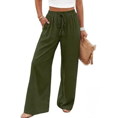 [LOOKBOHO] LOOKBOHO Women's Wide Leg Pants High Waisted Drawstring Loose Palazzo Pant Trendy Casual Flowy Beach Trousers with Pockets