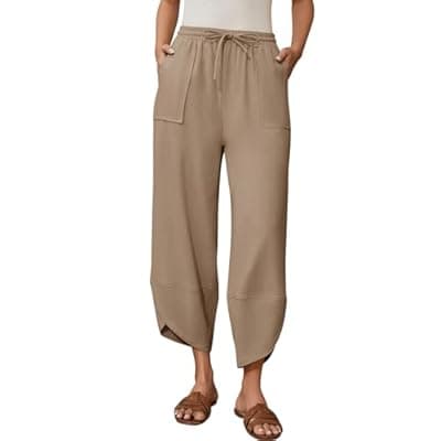 [grewley] grewley Linen Barrel Pants for Women Wide Leg Harem Palazzo Trousers Drawstring Baggy Summer Beach Vacation with Pockets
