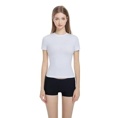 [Gemonklee] Women’s Slim Fitted Crew Neck T-Shirt Stretchy Cotton Y2K Short Sleeve Tees for Workout Basic Tees Going Out Tops