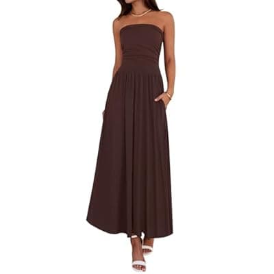 [BTFBM] BTFBM Summer Maxi Dresses for Women 2026 Strapless Ruched Tube Top Beach Vacation Spring Wedding Guest Dress Pockets