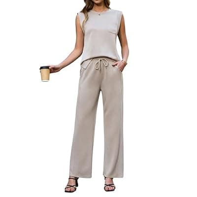 [difficort] difficort 2 Piece Lounge Sets for Women Round Neck Vest Sleeveless Tops Straight Leg Pants Matching Outfits with Pockets