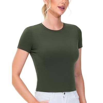 [THE GYM PEOPLE] THE GYM PEOPLE Women's Workout Crop Tops Short Sleeve Slim Fit Soft BreathableSummer Yoga Running Casual Basic Tee Shirts