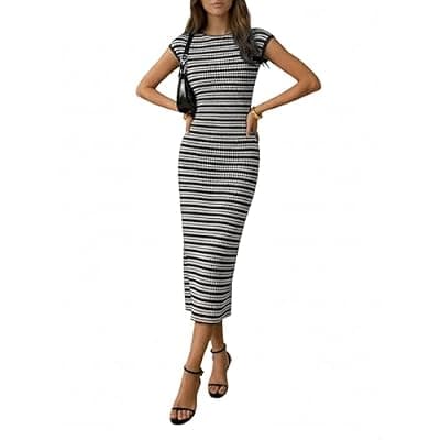 [itnpbwus] itnpbwus Women's Striped Midi Dress Bodycon Knit Crewneck Cap Sleeve Casual Dresses