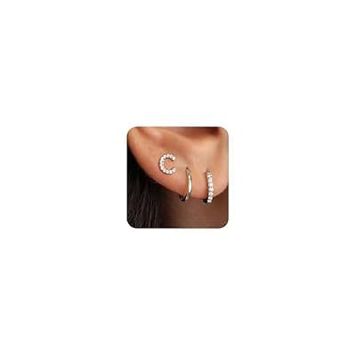 [Ritach] Ritach Gold Earrings for Women Girls - 3 Pairs Gold/Silver/Rose Gold Hoop Earrings for Women Girls CZ Initial Stud Earrings for Girls Hypoallergenic Earrings Set for Multiple Piercing