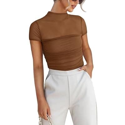 [REORIA] REORIA Women's Sexy Mock Turtle Neck Short Sleeve Shirts Sheer Mesh Ruched Trendy Going Out Bodysuits Tops