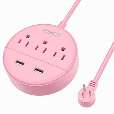 [NTONPOWER] Rose Pink Power Strip with USB, NTONPOWER Flat Plug Extension Cord Nightst&Desktop Charging Station with 3 Outlet &2 USB, Wall Mount, Small Size for Dorm Room Home Office Travel, ,'5 FT Cord