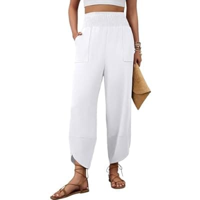 [grewley] grewley Womens Linen Pants Wide Leg Palazzo Capri Barrel Harem Pants Casual High Waisted Trousers with Pockets Beach