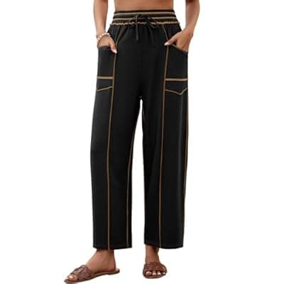 [grewley] grewley Womens Linen Barrel Pants Baggy Wide Leg Pants Summer Palazzo Drawstring Waist Pants with Pockets Casual
