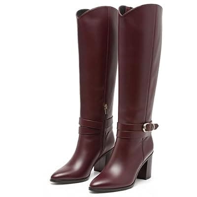 [WIRALOMI] WIRALOMI Knee High Boots for Women Pointed Toe Chunky Heel Boots Metal Buckle Boots with Side Zipper