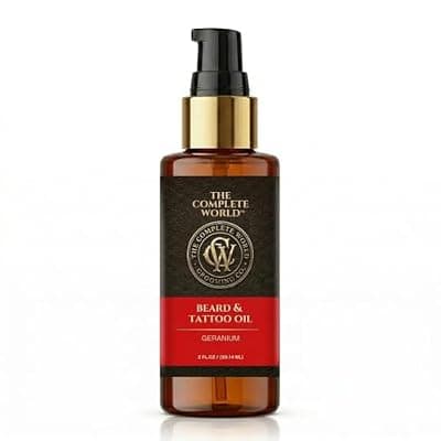[The Complete World] The Complete World Beard Oil & Tattoo Oil, 100% Nautral Dual‑Purpose Performance Formula for Daily Beard Softness, Tattoo Moisture, Non‑Greasy Grooming Finish and Skin Hydration, 2 fl oz (Geranium)