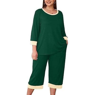 [AusLook] AusLook Women’s Plus Size Pajama Sets Soft 3/4 Sleeve Nightwear Top and Capri Pants 2 Piece Lounge Set with Pockets 1X-5X