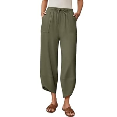 [Jiflora] Jiflora Women's Harem Cotton Linen Pants Wide Leg Capri Beach Pants Palazzo Cropped Drawstring Trousers with Pockets