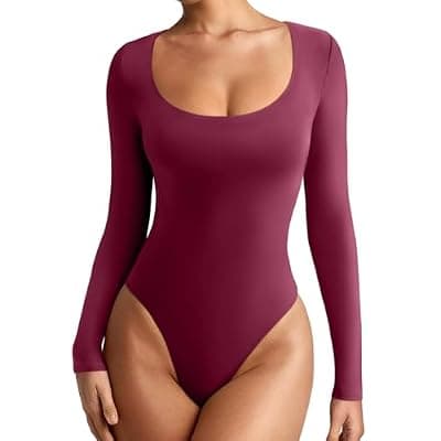 [REORIA] REORIA Women's Sexy Basic Scoop Neck Long Sleeve Double Lined Layering Slim Bodysuit Tops