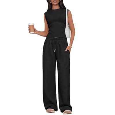 Lazysmile 2 Piece Sets for Women Summer Outfits Lounge Sets Sleeveless Tops Wide Legs Long Pants Tracksuits
