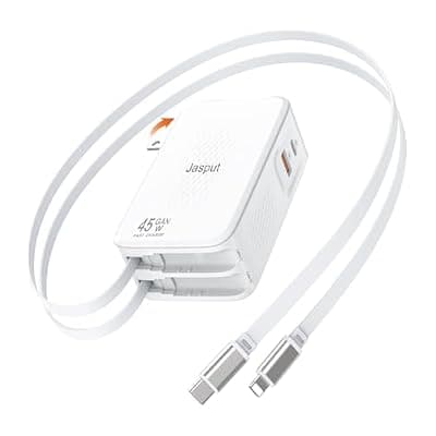 [Jasput] Jasput 45W Retractable Wall Charger, GaN Fast Charger Block with Built-in Dual Cables, Foldable Plug, 4-in-1 Travel Charging Adapter with USB-C/USB-A Ports for iPhone 17-11, iPad, Galaxy and More