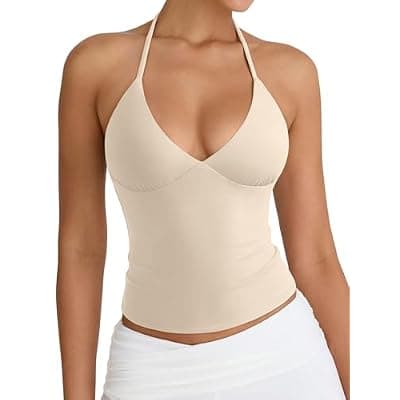 [PINKMSTYLE] PINKMSTYLE Women Sexy Halter V Neck Backless Double Lined Tank Top Summer Sleeveless Going Out Y2K Trendy Cami Tops