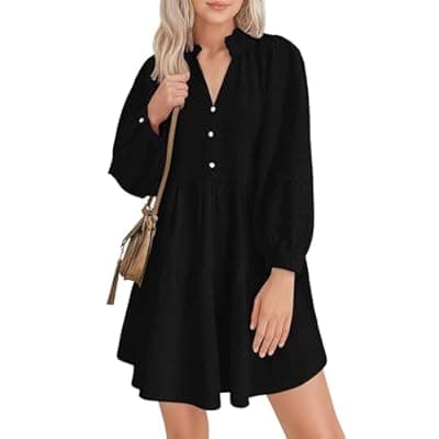 Lazysmile Dresses for Women Long Sleeve V Neck Button Down Ruffled Flowy Fall Casual Babydoll Tunic Dress