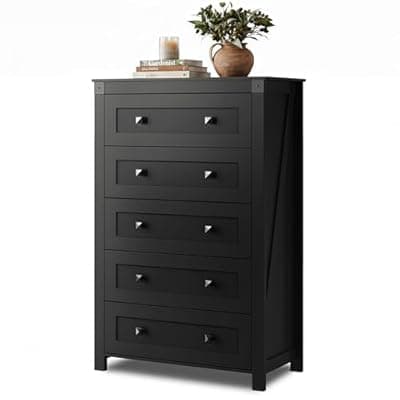[GALAXHERO] GALAXHERO Farmhouse Black TV Stand, 5 Drawer TV Console, Tall Wood Media Console with Double Rustic Handle, Entertainment Center for Living Room, Hallway, Closet