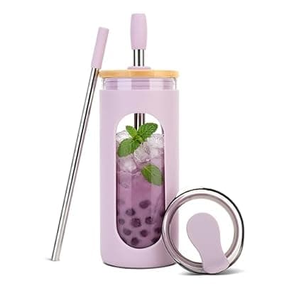 [Sursip] Sursip 20 oz Glass Tumbler with Lids and Straws, Reusable Borosilicate Glass Iced Coffee Cup with Bamboo Lid for Smoothie Boba Juice,Travel BPA-Free - Purple