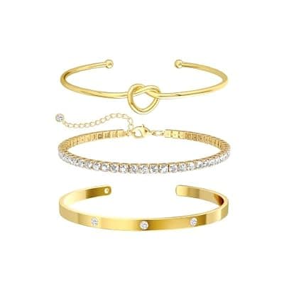 [Poaiiu] Gold Bracelets for Women, 3 Pcs 14K Gold Plated Stackable Bracelet Set, Dainty Love Knot Bangle, CZ Tennis Bracelet, Open Cuff Bracelet for Women, Adjustable Jewelry Gift for Daily Wear