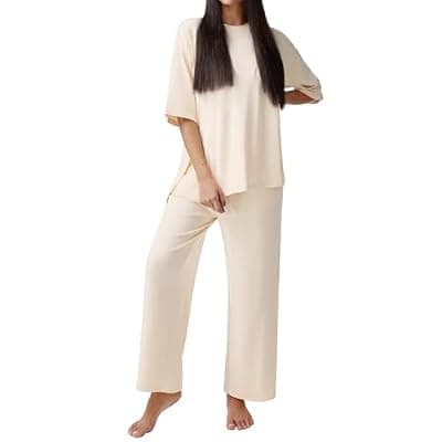 [REORIA] REORIA Womens Fall Lounge Sets Sleepwear Short Sleeve Tops and Long Pants 2 Piece PJ Pajama Sets
