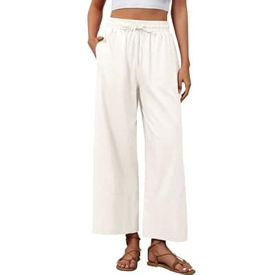 [grewley] grewley Womens Cotton Linen Pants Wide Leg Summer Trousers with Pockets | Boho Loose Fit, Drawstring Waist, Long Lounge Trousers