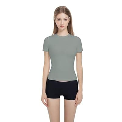 [Gemonklee] Women’s Slim Fitted Crew Neck T-Shirt Stretchy Cotton Y2K Short Sleeve Tees for Workout Basic Tees Going Out Tops